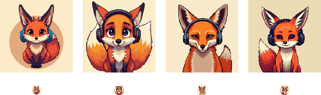 Four pixel art fox avatars, each shown again below at chat size as a small circle