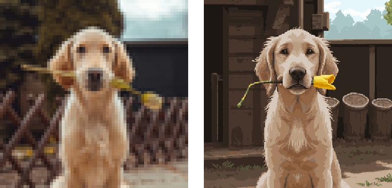 A photo averaged down to a 64-pixel mosaic, beside the same photo redrawn as pixel art